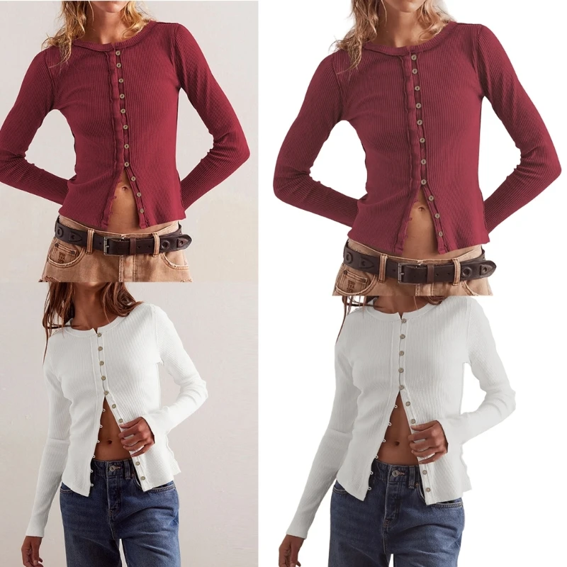 95AB женский вязаный кардиган в рубчик с длинными рукавами повседневный трикотаж