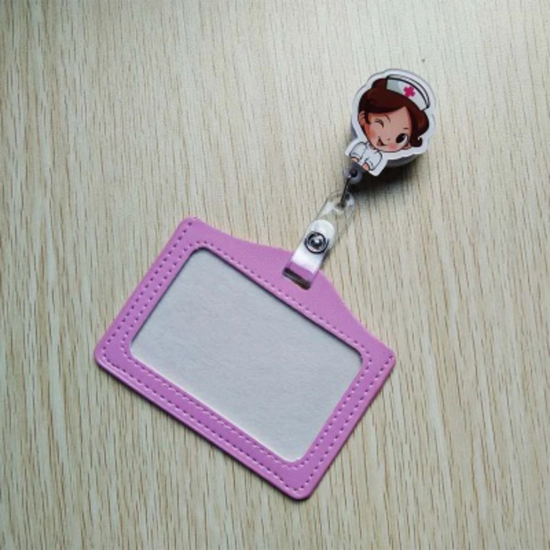 1set pu leather cartoon badge holder with badge reel hospital medical workers work card name tag card holder for nurses doctors free global shipping