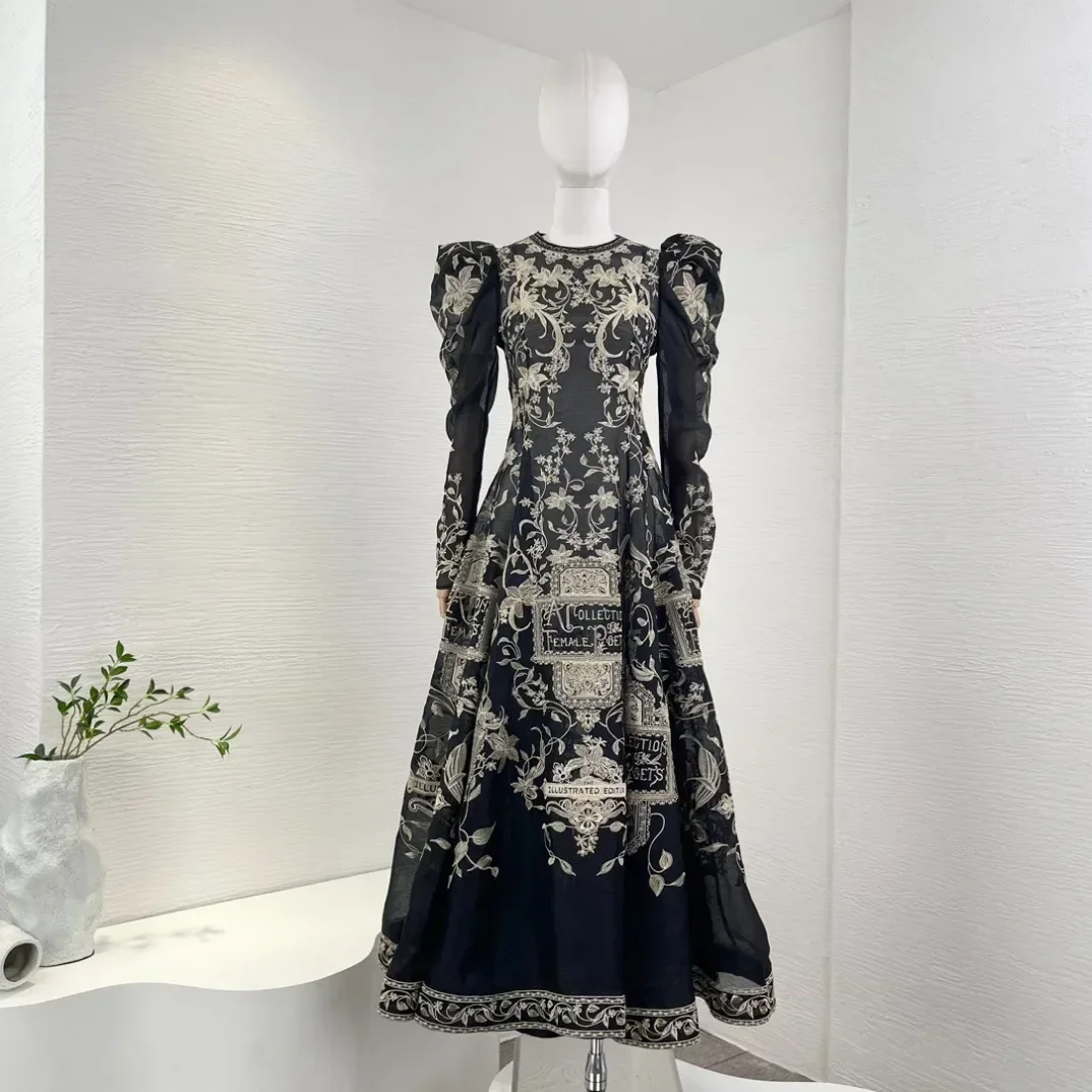 

New Collection High Quality Silk Linen Black Vintage Luxury Embroidery Long Puff Sleeve Midi Dress for Women