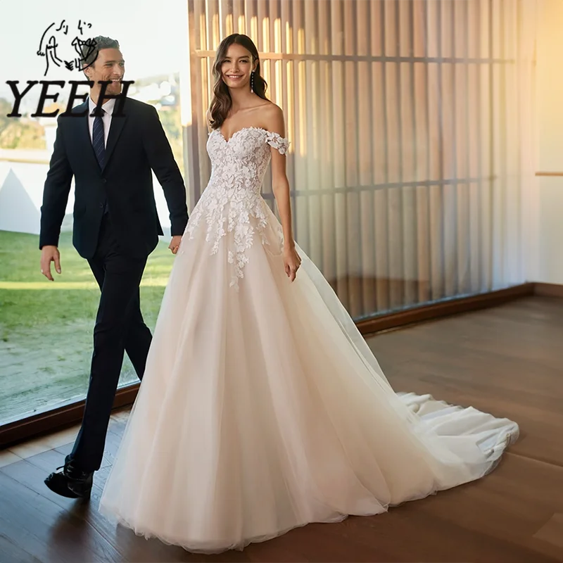 

YEEH Off-the-shoulder Wedding Dress Exquisite Lace Appliques Bridal Gown Tulle Skirt Court Train Vestido De Noiva for Bride