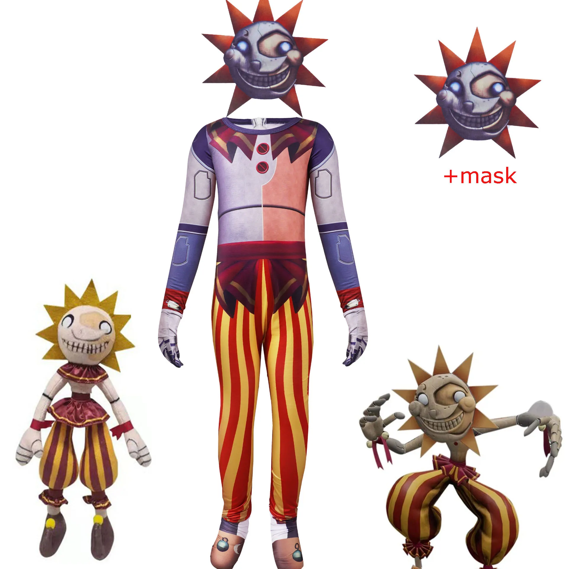 Halloween Costumes Kids Anime Sundrop FNAF Sun clown Freddie Cosplay Clothing Boys Girls Bodysuit mask Carnival Party Jumpsuit