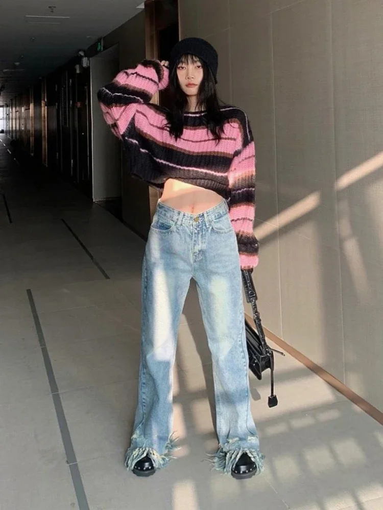 Женские пуловеры в стиле Харадзюку готический вязаный винтажный полосатый