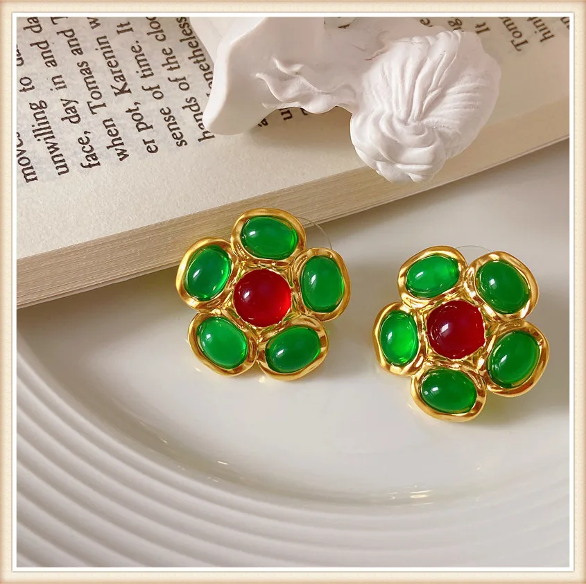 

French Vintage Medieval Flower Voloured Glaze Earrings Women Temperament