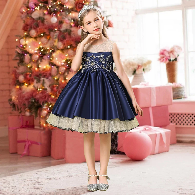

New 2022 Red Blue Girl Party Dress Elegant Kids Dresses For Girls Children Clothing Wedding Princess Evening Dress 8 10 12 Years