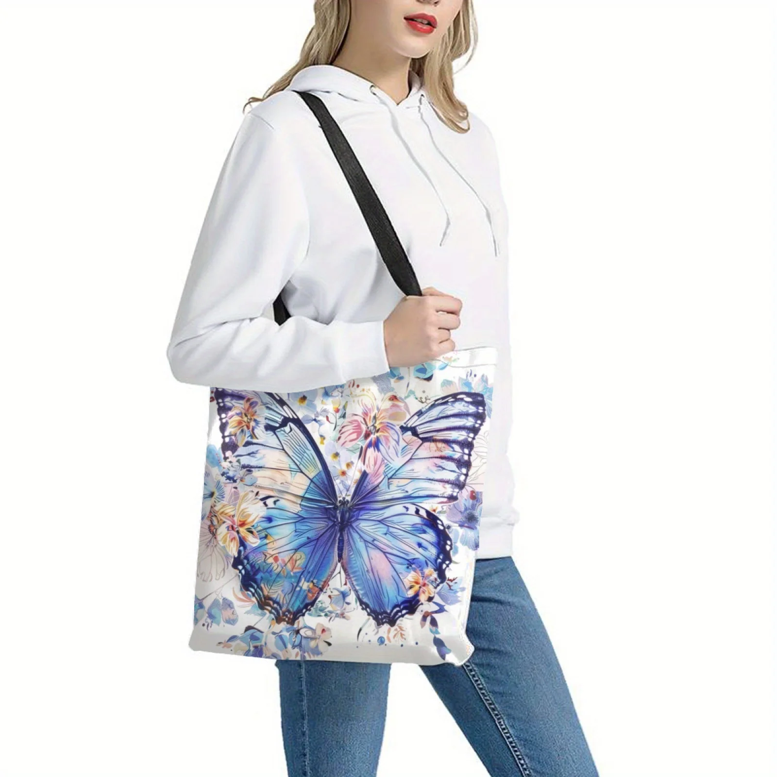 Шикарная большая сумка-тоут с цветочным принтом и бабочкой, большая многоразовая и универсальная женская сумка на плечо, идеально подходящая для покупок, путешествий и пляжа