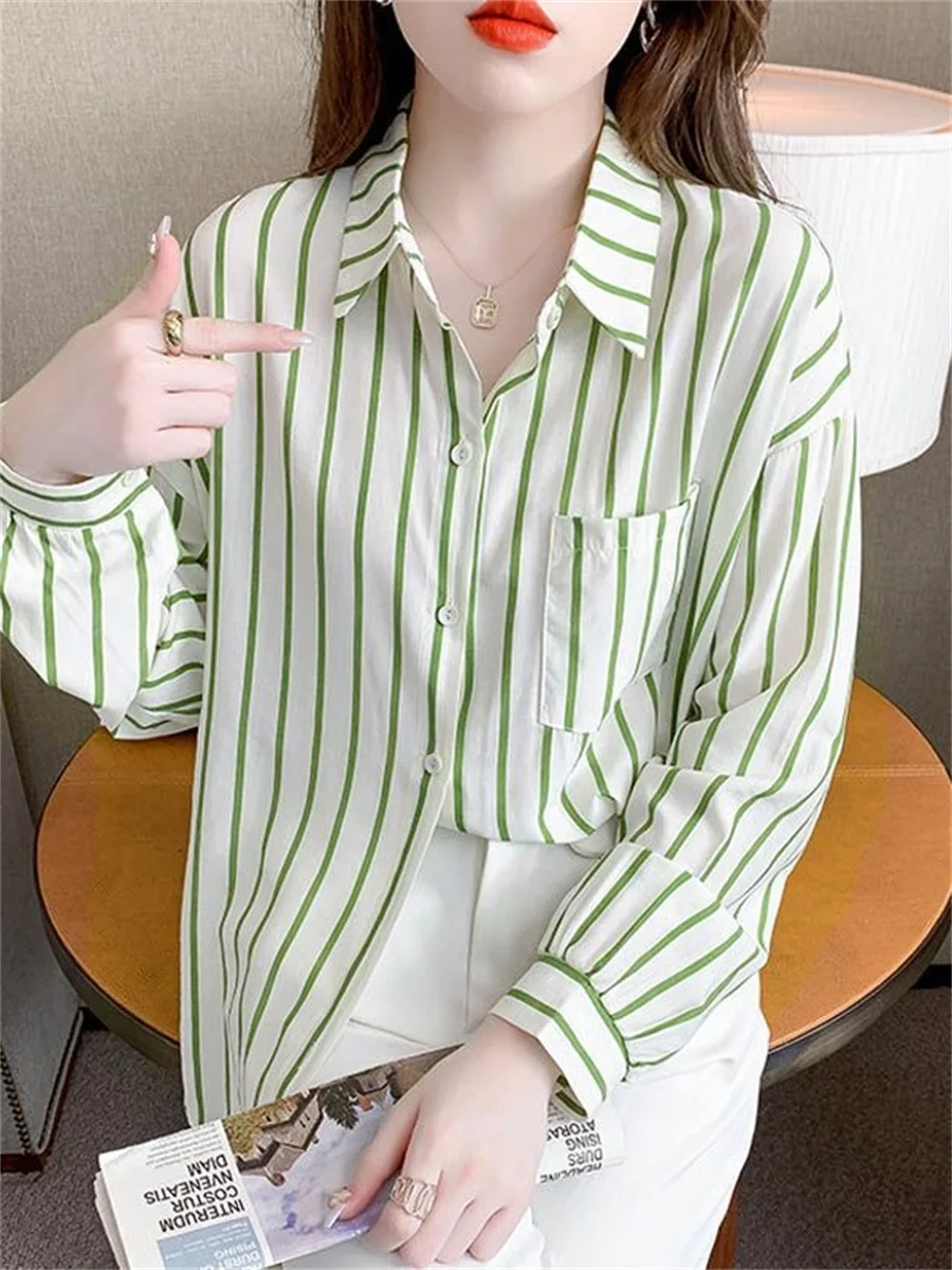 

Women Spring Autumn Style Blouses Shirts Lady Casual Long Sleeve Turn-down Collar Striped Printed Blusas Tops ZZ1644