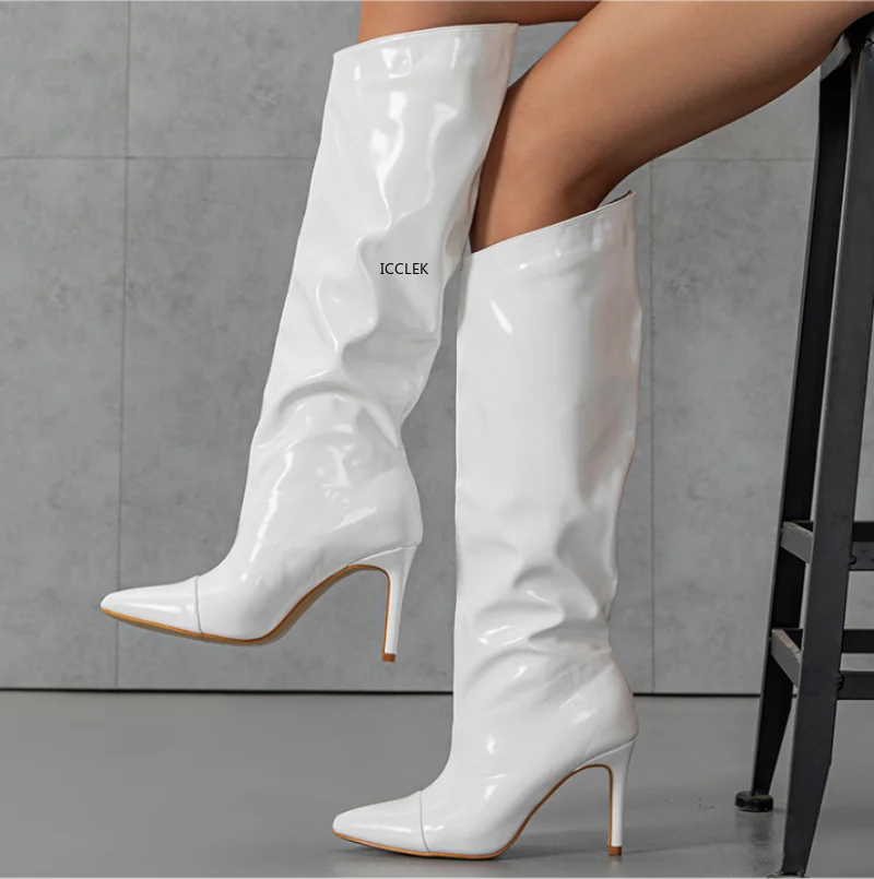 

Patent Leather Women Knee High Boots Thin Heels Stilettos Nightclub Runway Pointed Toe Shoes Botas Mujer