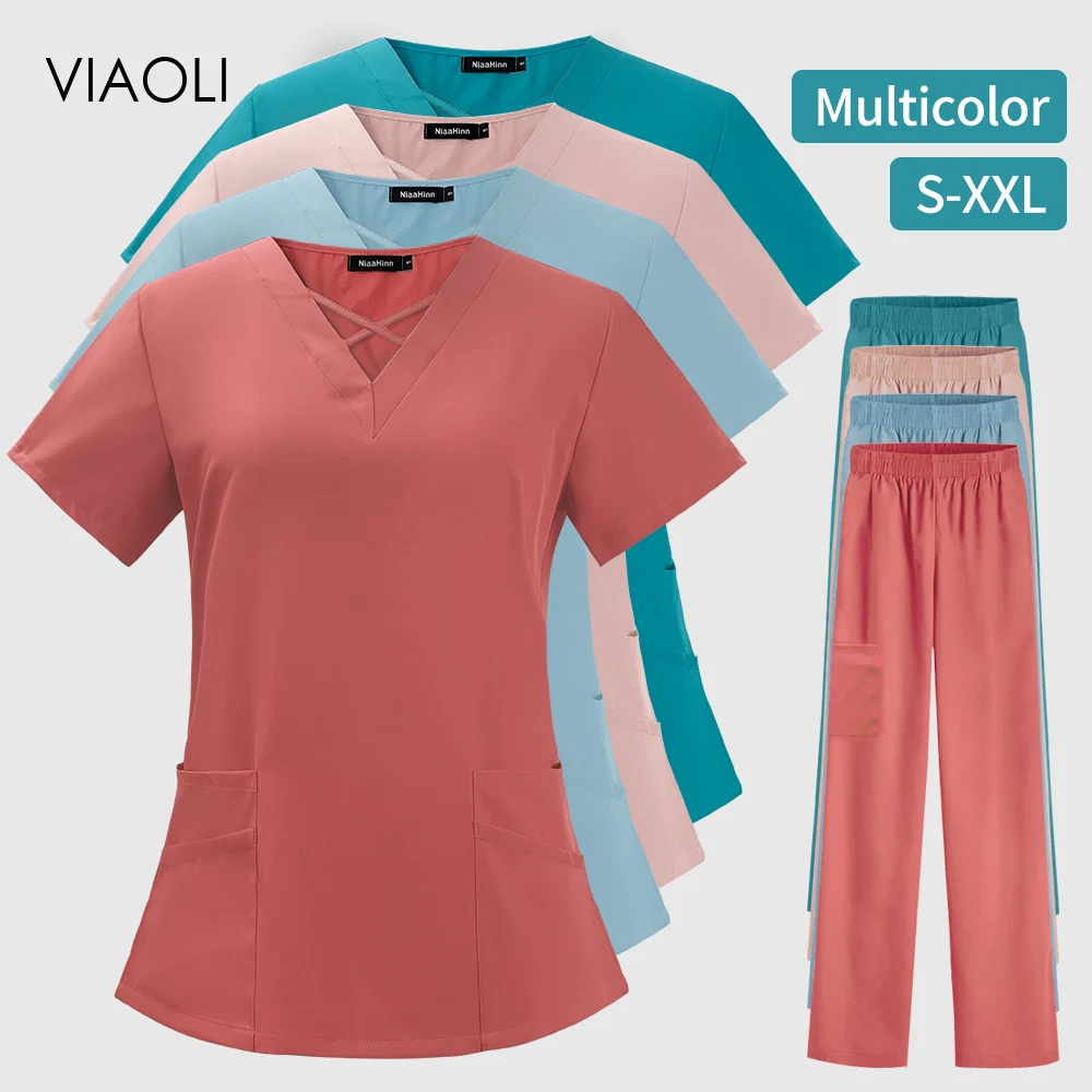 

Nursing Scrubs Women Set for Summer Stretch Fabrics Beauty Salon Workwear Pet Doctor Work Clothes Tops Pants Pharmacist Overalls