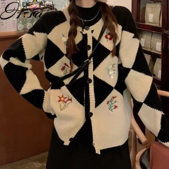 

2022 Spring Embroidery Knit Sweater Coat Flower Knitted Sweater Cardigan Women Retro Plaid Trendy Sense Of Vintage Coat