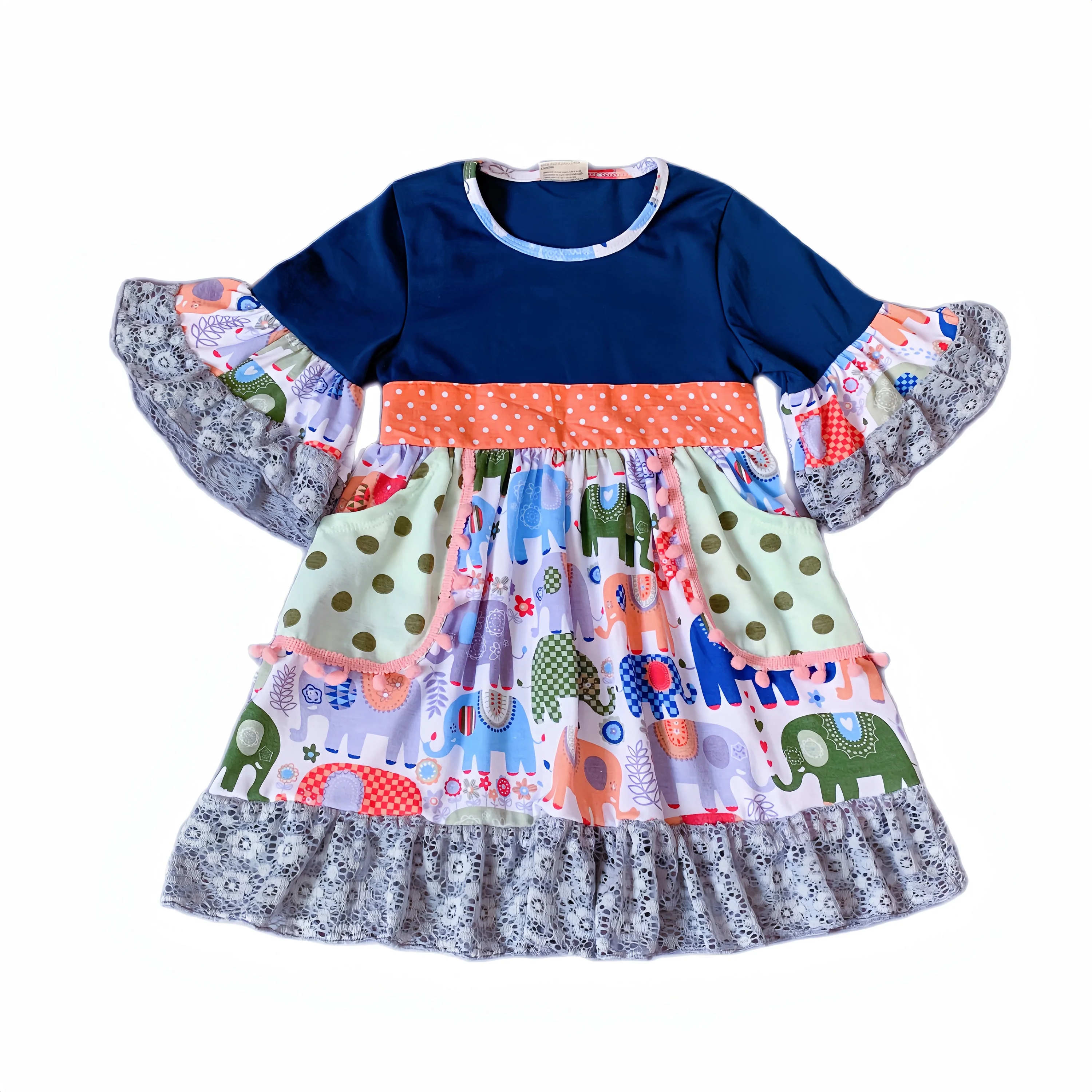 

New Girl Design Summer Children Cotton Elephant Pattern Lace Gray Silk Dark Green Top Dress