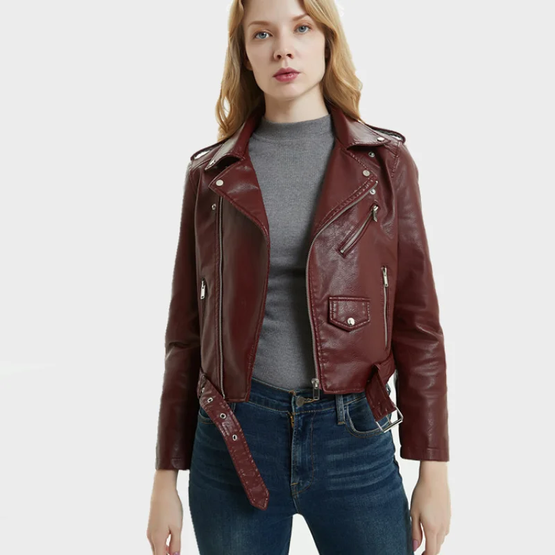 Spring Autumn Motorcycle Jacket Women Solid Color Slim Zipper Button Short Jacket Women Long Sleeve Turn-down Collar PU Jacket