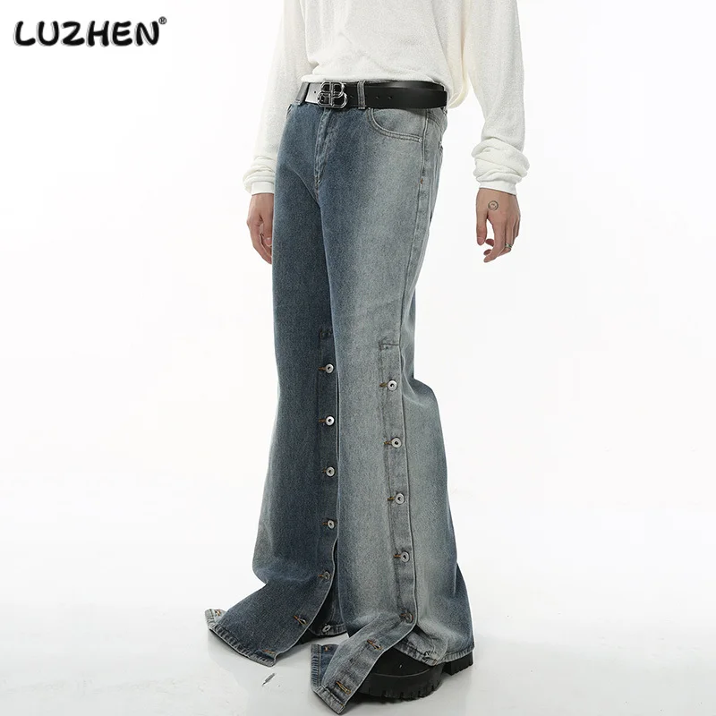 

LUZHEN Men Trousers American Style Snap Button Denim Trend Gradual Split Baggy Jeans Fashion Wide Leg Streetwear Chic New C925f6