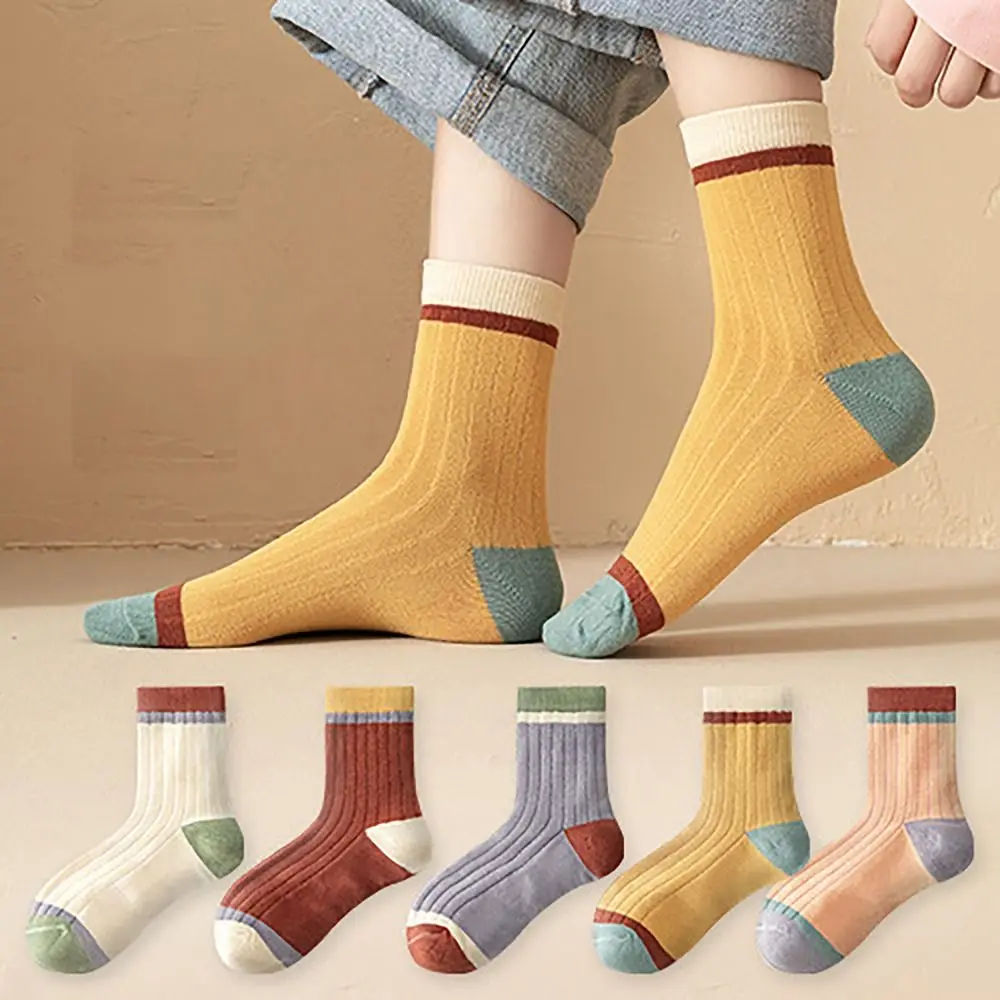 

Solid Color Harajuku Retro Socks Anti-slip Sweat-absorbent Striped Women Socks Breathable Polyester Mid-tube Socks