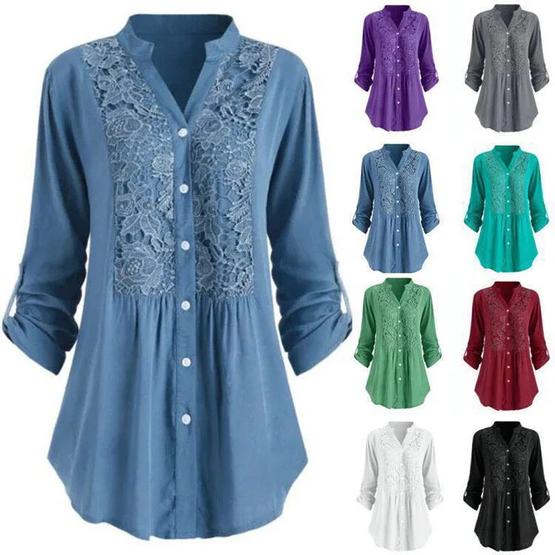 

Vintage Women 5XL Shirt Blouse Female Spring Summer New Tops V-neck Half Sleeve Lace Splice Print Button Shirt Blusas Y2k Tops