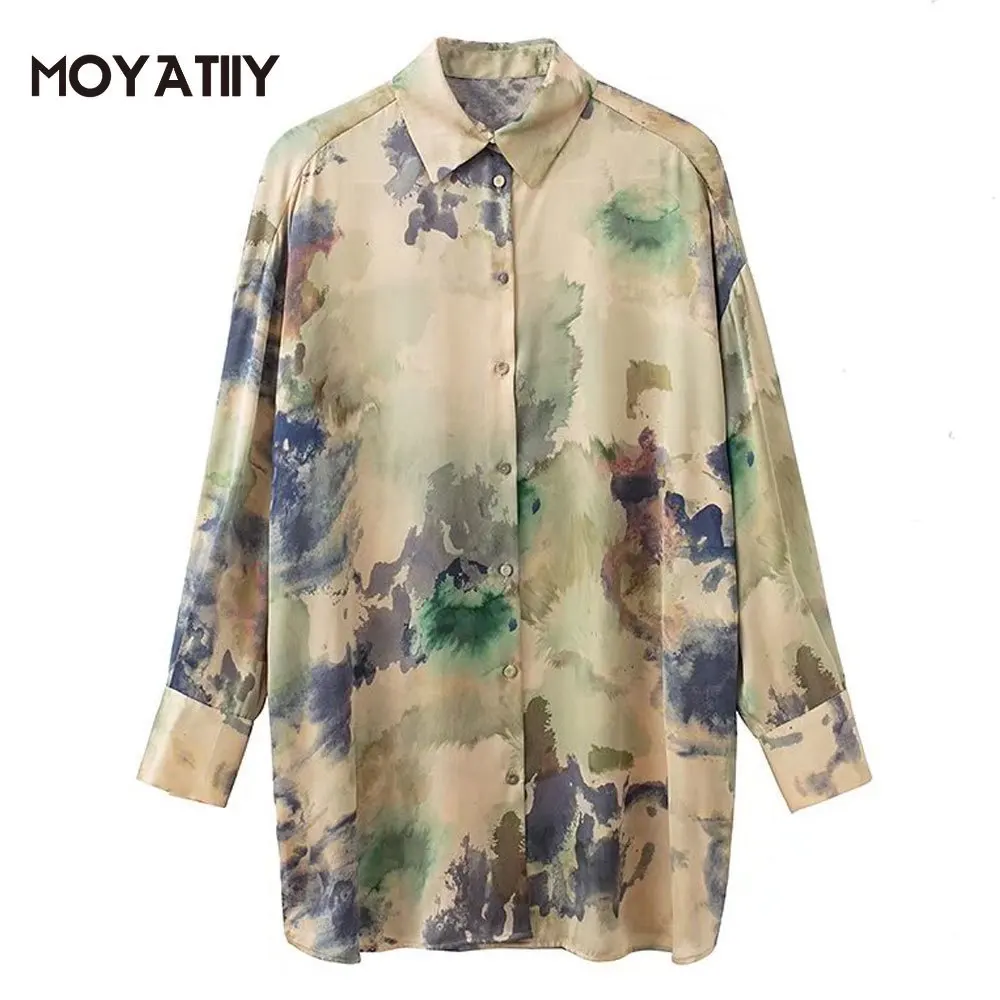 

MOYATIIY 2022 Women Fashion Printed Oversized Shirts Retro Tie Dye Design Blouse Shirts Long Sleeve Beach Style Female Tops