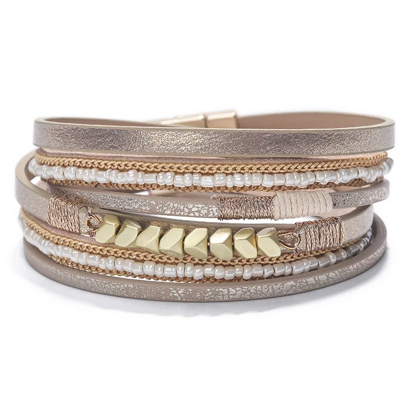 

Fashion Rice-Shaped Beads Stringed Hand-Woven Bracelet Bangle Multi-Layer Women's Leather Bracelet Jewelry New Wholesale