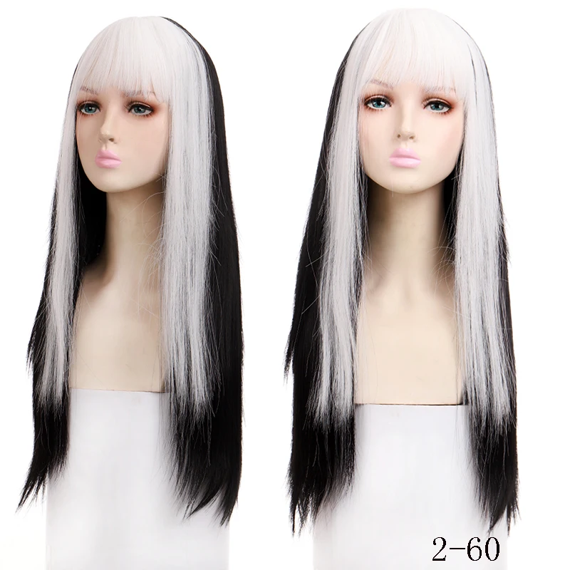 MANWEI Long Black Straight Wig With Dyed Bangs 25inch For Women Heat Resistant Natural Colors Cosplay Lolita Wig