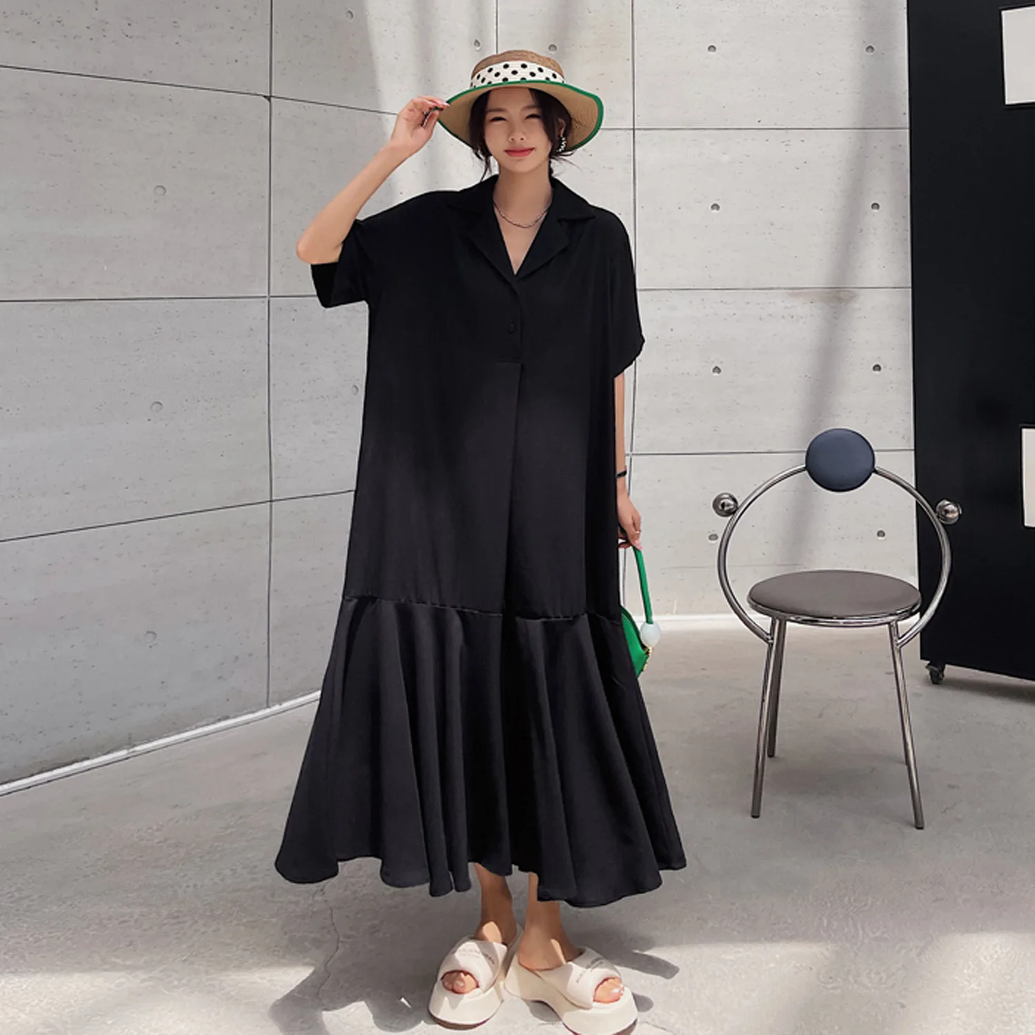 

SuperAen 2022 Summer New Loose Oversized Solid Short Sleeve Turn Down Collar T-shirt Dresses for Women