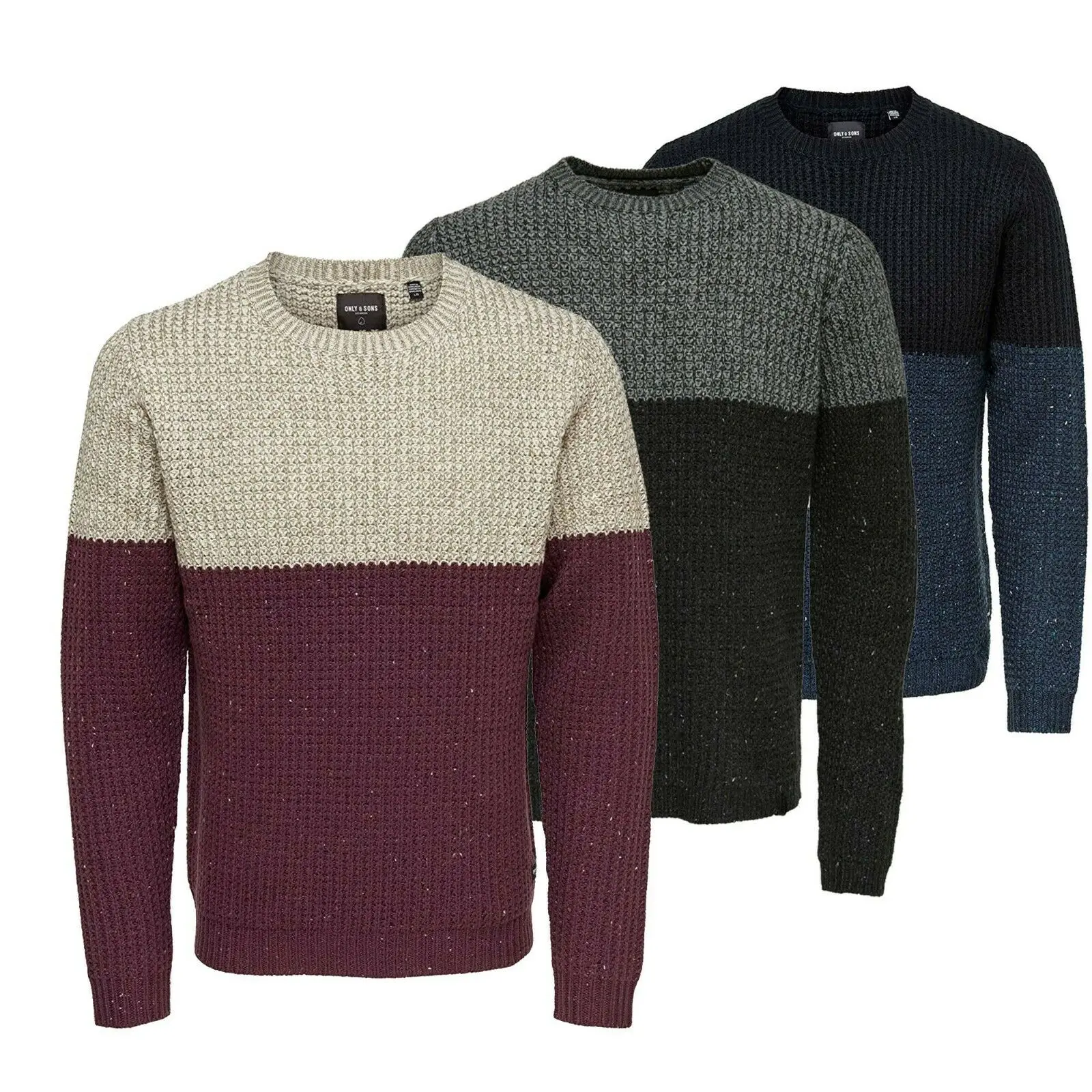 

Mens Only & Sons Lazlo Colour Block Knitted Sweater Crew Neck Jumper Pullover