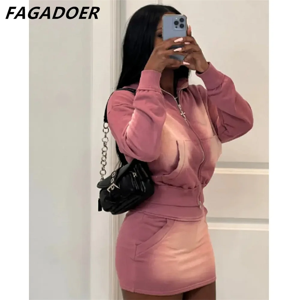Фото FAGADOER Розовый комплект из двух предметов с принтом тай-дай, женская одежда, модный укороченный топ с карманами на молнии и юбки с высокой талией, одежда №3