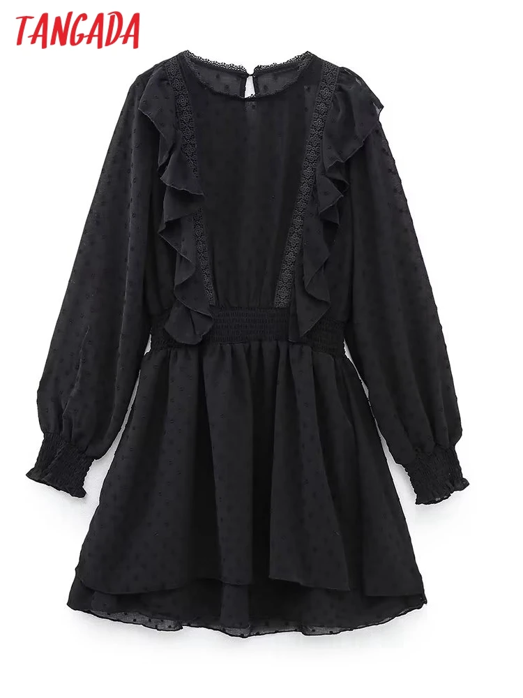 

Платье-мини в горошек с оборками и длинным рукавом