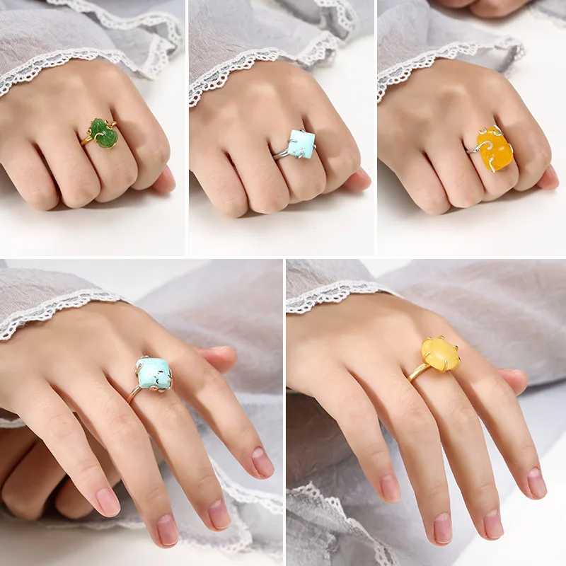 S925 Sterling Silver Ring Empty Set Female 18K Gold Wax Amber Turquoise Shaped Ring Empty DIY Jewelry Making Accessory Wholesale
