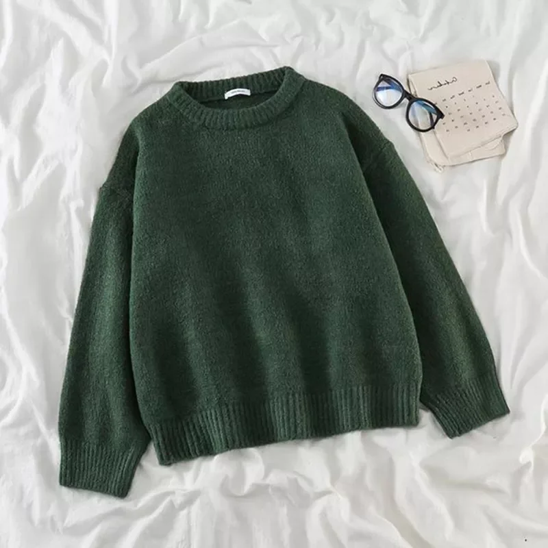 

New2022 Pullover Sweater Women Casual O Neck Sweater Autumn Winter Loose Green Jumpers Solid Long Sleeved Warm Sueter Mujer
