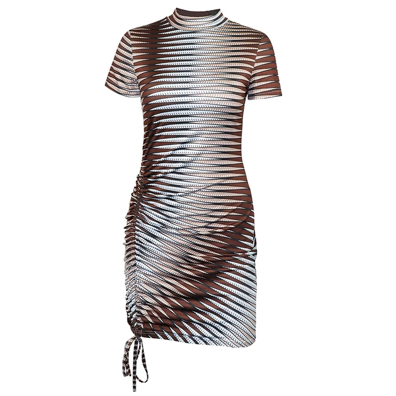 Work Bodycon Short Sleeve Shirring Dresses Brown