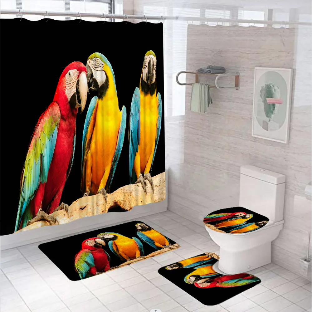 

Colorful Parrot Shower Curtains Sets Tropical Animal Scenery Bathroom Screen Decor Non-Slip Carpet Toilet Cover Floor Bath Mats