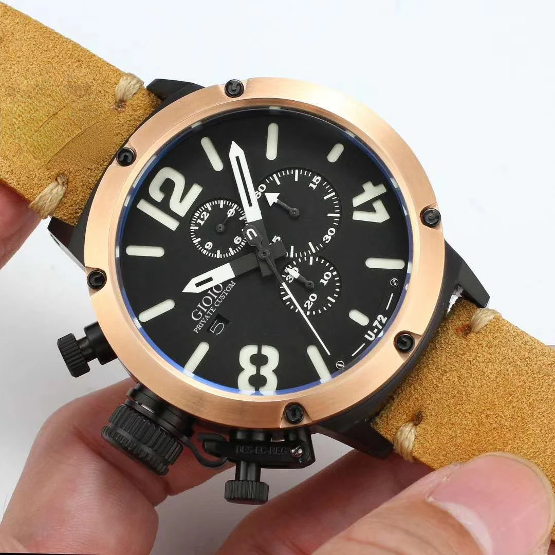 

Mens Quartz Chronograph Watch U72 U Black Gold Brown Leather Boat