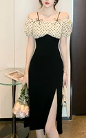 bow puff sleeve dot split dress women elegant party slit long dress black casual square collar dresses for women