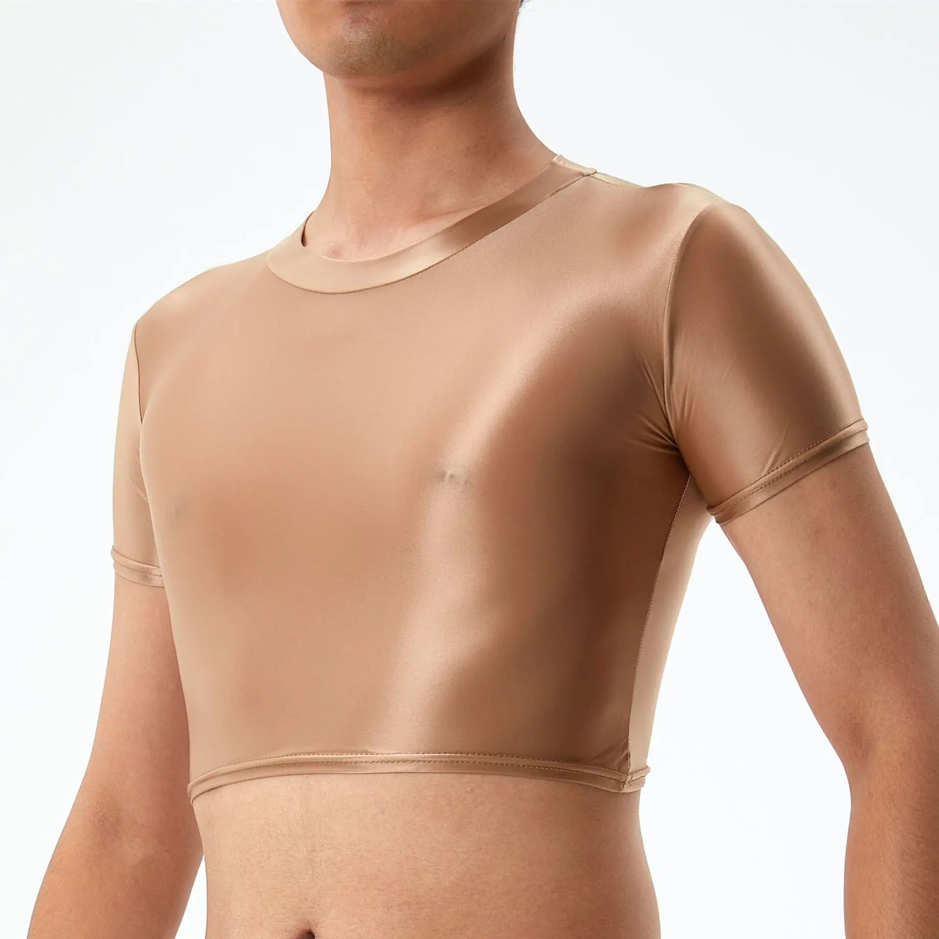 

Sexy Glossy Men See Through Sheer Short Sleeve Top Tank Slim Plus Size Men Shirt Streetwear