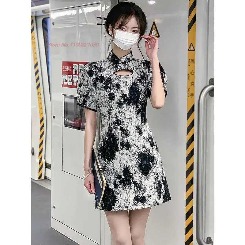 

2023 chinese vintage qipao improved cheongsam national flower print fairy dress oriental retro banquet evening dress vestido