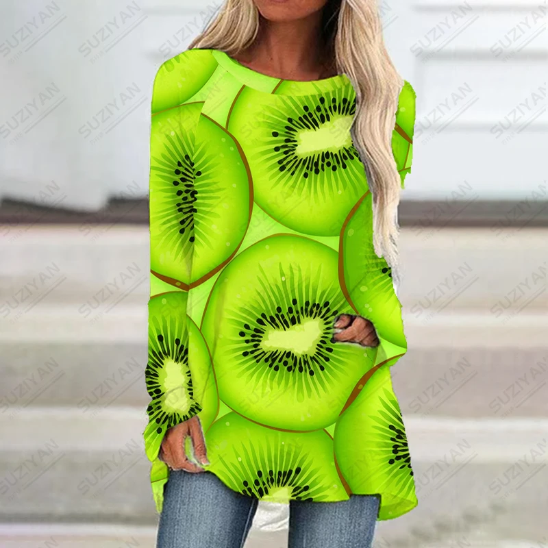 

Harajuku Style Spring Autumn Dress Long -sleeved Round Neck Dress Loose Casual Large Size Dress Green Kiwi 3D Printing Dress
