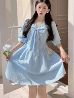 french vintage dresses for women 2022 new summer korean fashion casual puff sleeve bow party dress robe femme vestidos
