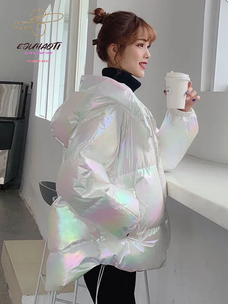 

Women's Quilted Coats Colorful Glossy Surface Jacket Hooded Cotton Coat Winter Korean Fashion Parkas Ladies Clothes Loose Tops