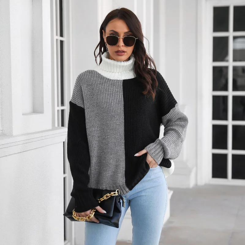 

Turtleneck Sweater Splicing Long Sleeve Pullover Woman Knitted Tops Fall Winter Keep Warm Loose Sweater Female Clothing Knitwear