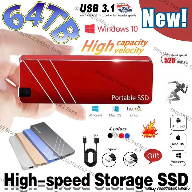 Original 128TB Portable SSD High Speed 2TB 4TB 8TB 16TB External Solid State Drive USB3.1 Type-C Hard Disk for Laptop 외장하드 2tb