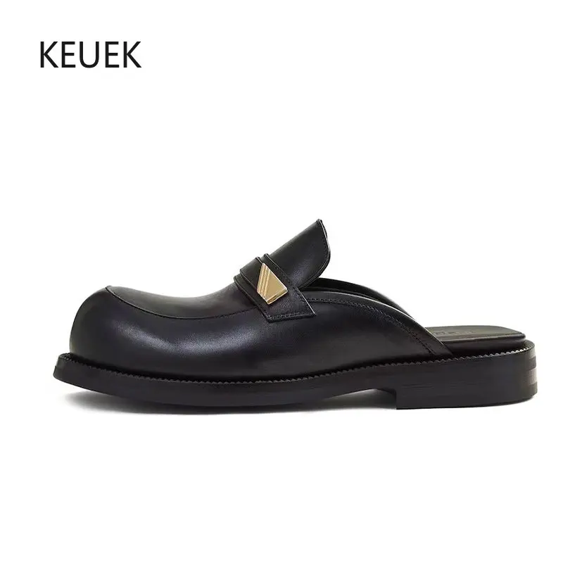 

New Designer Fashion Black Casual Breathable Genuine Leather Slip-On Sandals Men Shoes Summer Half Slippers Male Moccasins 5A