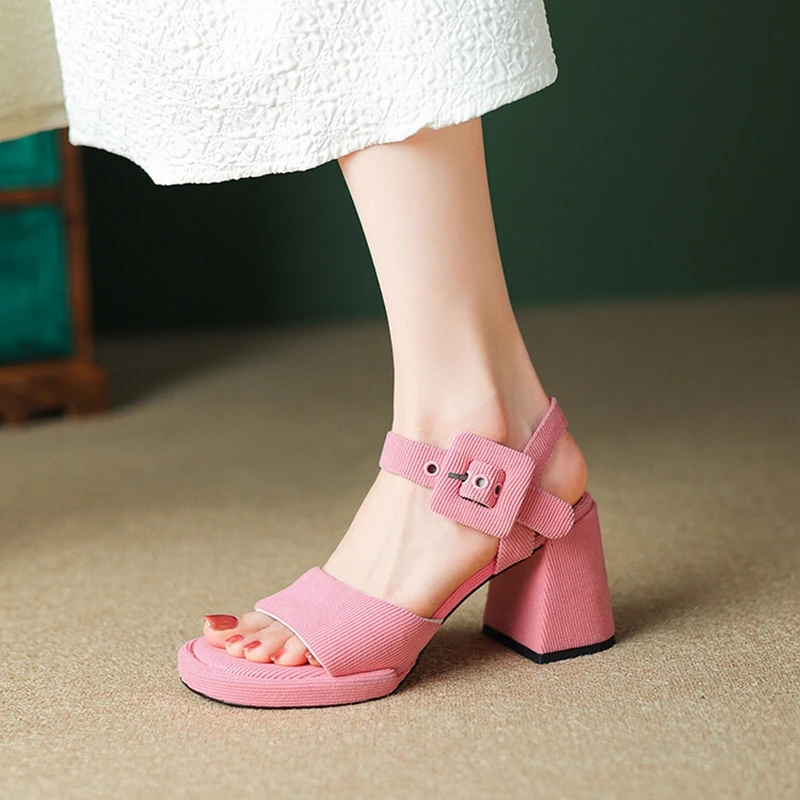 

Сандалии женские на платформе и толстом каблуке, босоножки из хлопчатобумажной ткани, туфли с круглым носком, обувь розового цвета, лето