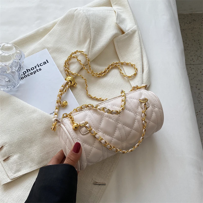 

2022 Cute Solid Color Small PU Leather Cylindrical Bucket Shoulder Bags for Women Simple Female Chain Handbags and Purses