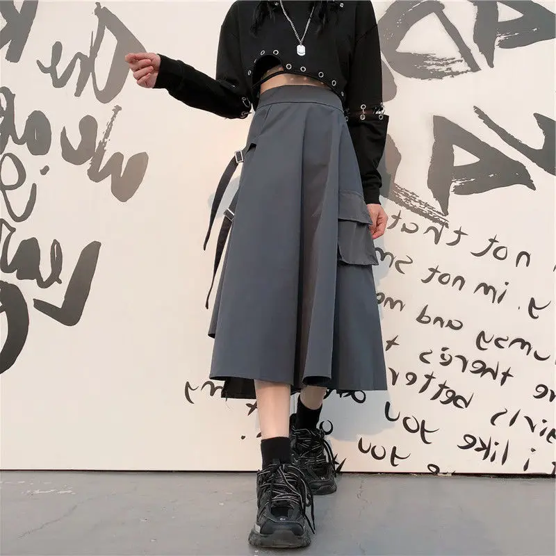 

High Waist Loose A-line Cargo Skirts Side Pocket Irregular Midi Long Black Skirt Korean Hip Hop Streetwear Harajuku OverSize