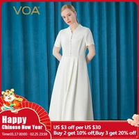 voa silk 60mm half high collar womens formal dresses ae663 single row pearl button loose waist petal sleeve woman dress 2021