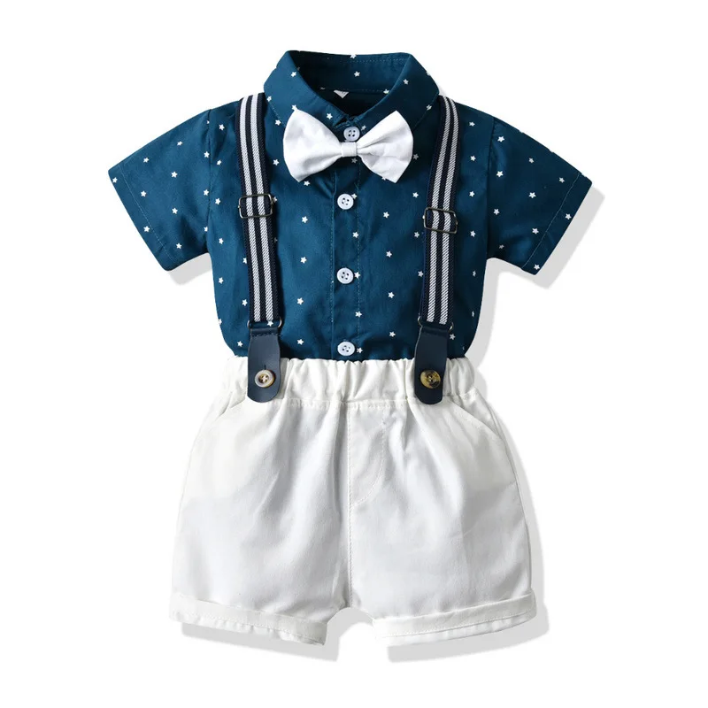 Boys Clothes for Kids Baby Fashion  Boy  Short Sleeve Shirt with Suspender Pants Wedding Gentleman Formal Suit Set