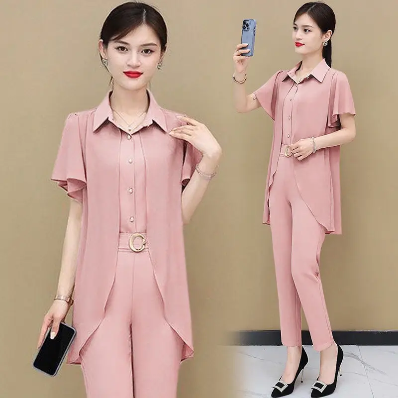Short sleeved fashion suit ladies chiffon shirt 2023 summer new loose top casual sports single/suit