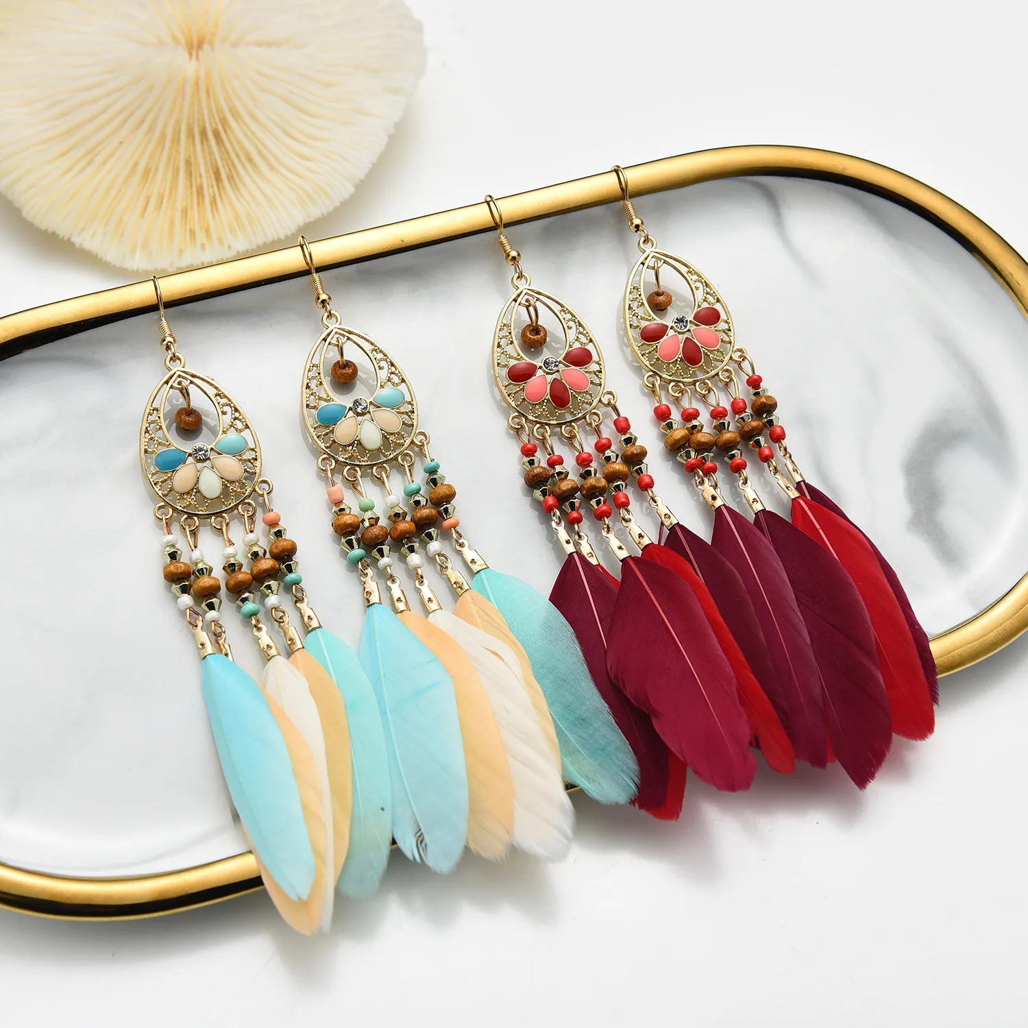 

New 2022 Vintage Feather Earrings With Teardrop Temperament Long Earrings