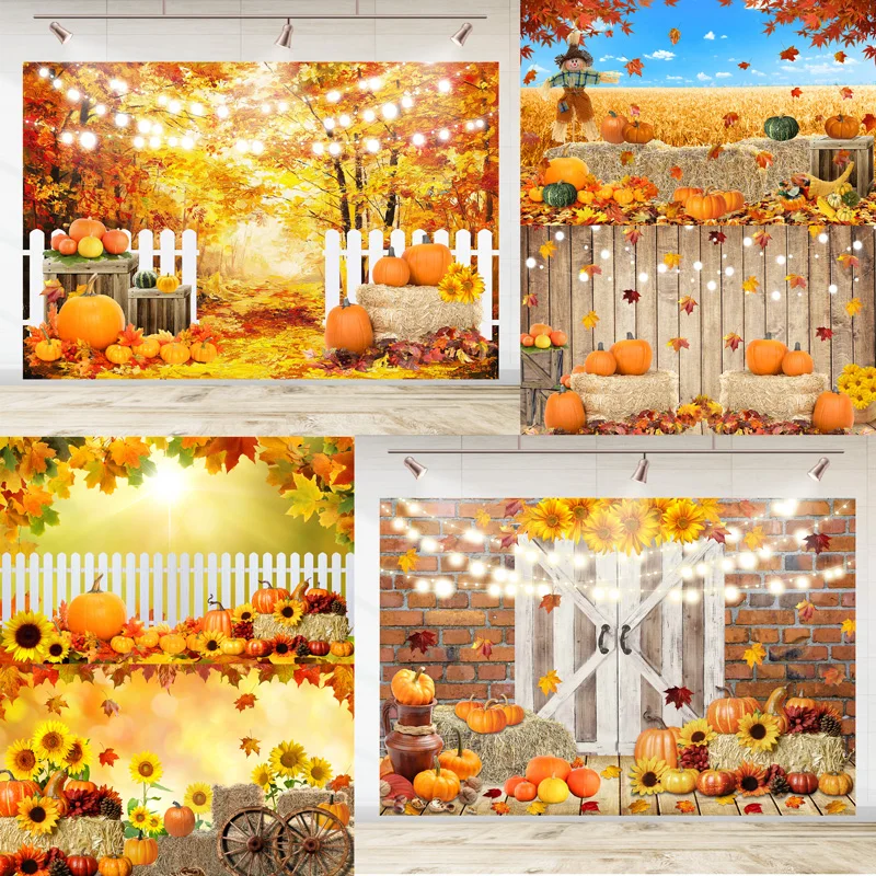 

SeekPro Autumn Nature Scenery Farm Warehouse Haystack Backdrop Fall Leaves Pumpkin Baby Portrait Photography Background