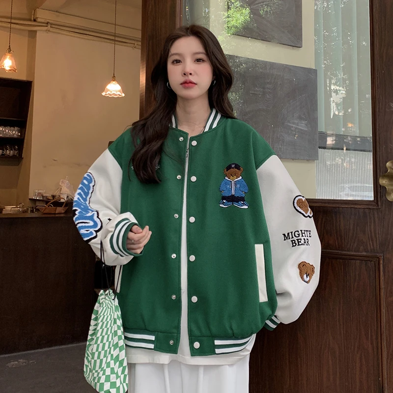 

New Spring Autumn Women Loose Casual Jacket High Quality Cute Bear Embroidery Color Matching Baseball Jacket