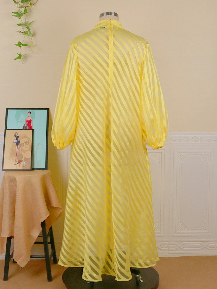 Платье-рубашка летнее прозрачное желтое с длинным рукавом воротником-стойкой -