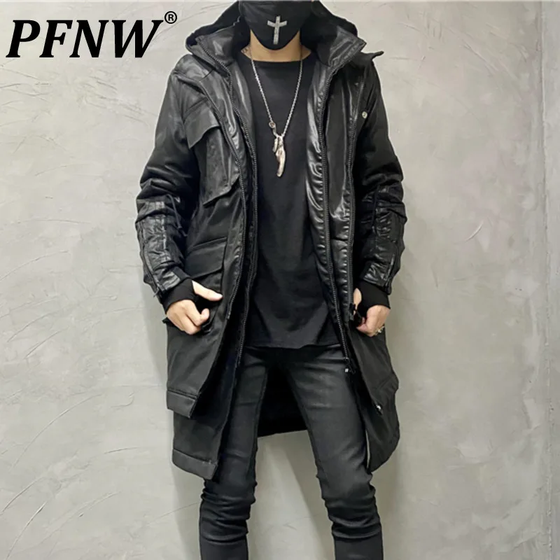 

PFNW 2023 Autumn Winter New Men's Fashion Hooded Vintage Patchwork Pockets Zippers Long Windbreaker Casual Cotton Coat 12A6612